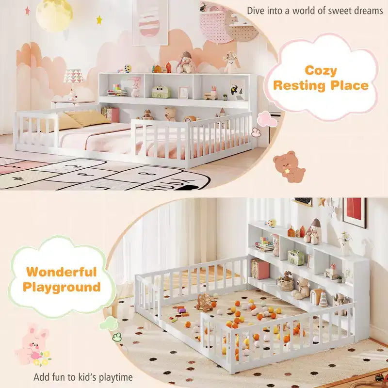 Łóżko podłogowe Montessori w rozmiarze Twin/Full z półkami na książki i miejsce do przechowywania oraz barierkami ochronnymi, białe/szare