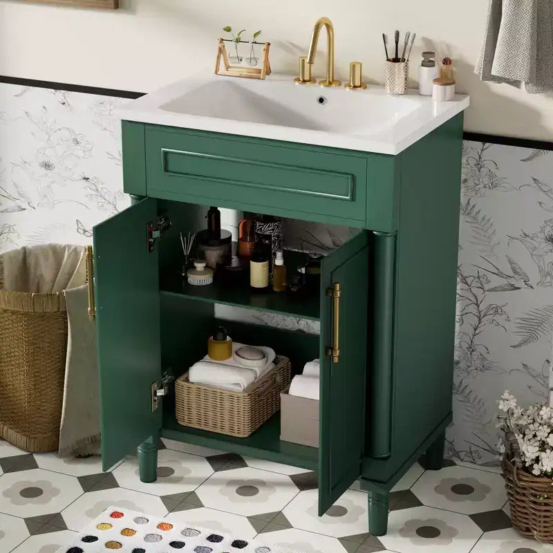 Badkamermeubel van 24 inch met keramische wastafel, Shaker-kast, 2 softclose-deuren en massief houten frame voor een kleine badkamer of toiletruimte