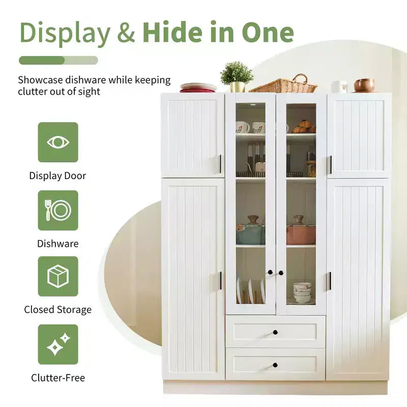 Garde-manger de cuisine autoportant Whisen de 180 cm de hauteur, grande armoire de rangement pour salle à manger avec 6 portes et étagères réglables