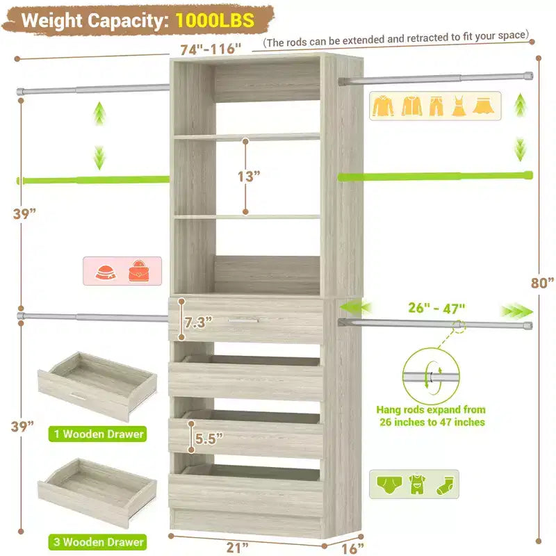 Sistema organizzatore per armadio in legno Besiost da 4-9 piedi, con 4 cassetti, 4 barre appendiabiti e moduli a ripiani