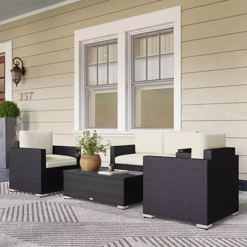 4-delige rotan loungeset, rieten terrasbankstel met loveseatstoelen en salontafel met glazen blad voor de tuin
