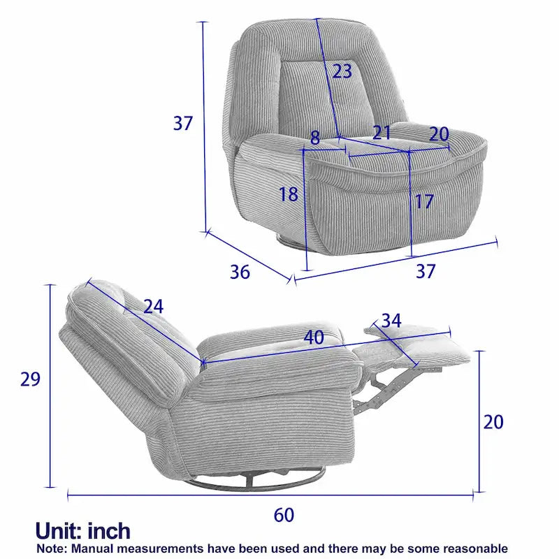 Fauteuil inclinable pivotant et berçant en velours côtelé, avec repose-pieds, pour le salon