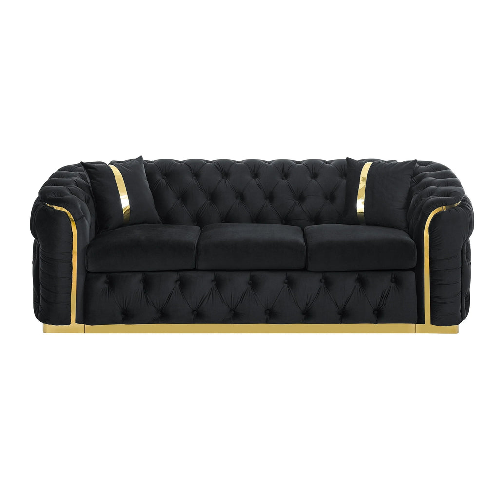 90.6 Velvet 3-Seater Sofa with 2 Pillows High-Density Cushions, Gold Accents, and Pillows