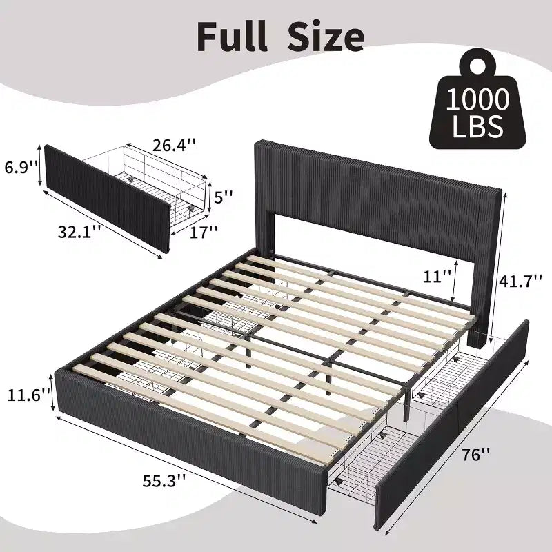 CuisinSmart corduroy bedframe met hoofdbord, gestoffeerd platformbed met 4 opbergladen en houten lattenbodem