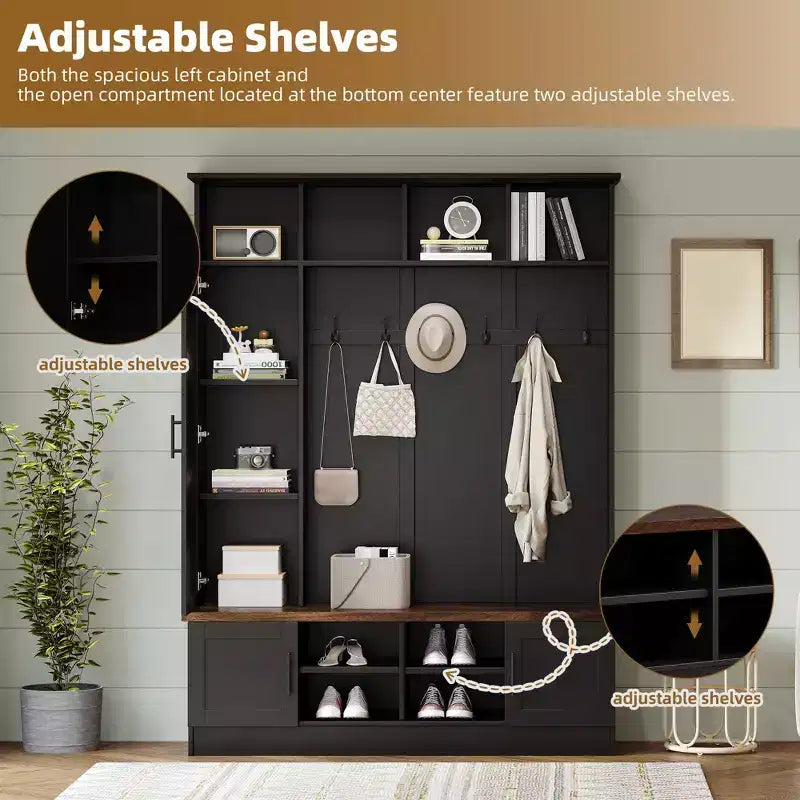 Garderobenständer für den Eingangsbereich mit Schuhbank, multifunktionale Garderobe mit 6 Haken, Garderobenleiste aus Holz mit Schuhaufbewahrung für Eingangsbereich und Wohnzimmer