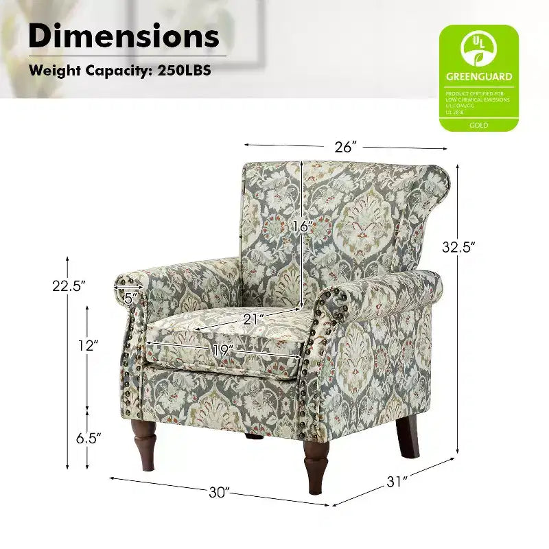 Sillón floral tradicional Araceli con estructura de madera, tapizado, respaldo alto con alas y acabado de tachuelas| ART OF LIVING DESIGNS