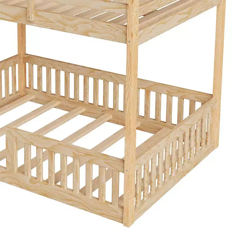 Etagenbett aus Holz, Doppelbett über Doppelbett, mit Leiter und Schutzgittern, niedriges Etagenbett in voller Größe mit Lattenrost