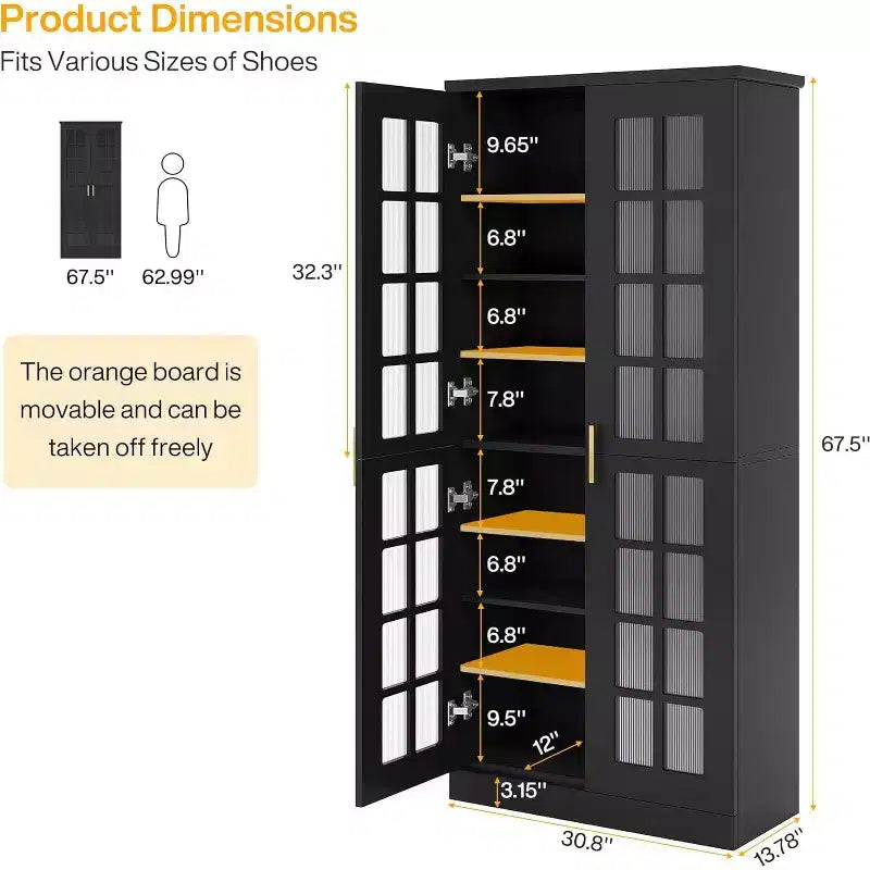 Lantine hoge schoenenkast met deuren, schoenenopbergruimte met 8 niveaus en verstelbare planken, moderne schoenenkast voor hal, garderobe of woonkamer, wit
