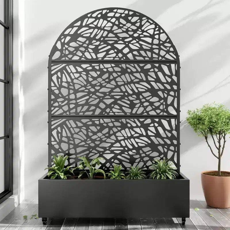 MAYEERTY 72x47 schwarzer gewölbter Pflanzkasten aus Eisen mit Rankgitter, 3-teiliges Set, dekorativer Sichtschutz für Garten, Terrasse und Balkon