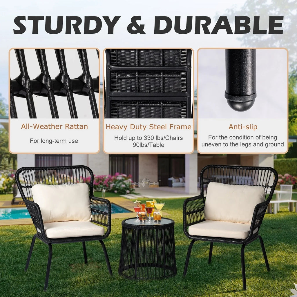 Ensemble bistro de conversation extérieur en osier de 3 pièces, mobilier de patio en rotin toutes saisons avec coussins