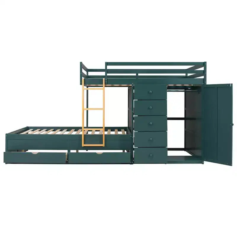 Stapelbed met twee volledige bedden, opbergkast en laden, houten ruimtebesparend stapelbed van volledig formaat met veiligheidshekje voor appartement of slaapkamer