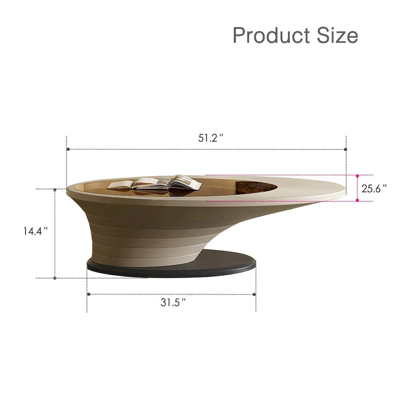 Moderner minimalistischer Couchtisch mit ovaler Glasplatte und hellgrauem Untergestell - L 51.18'W 25.59'H 14.37'