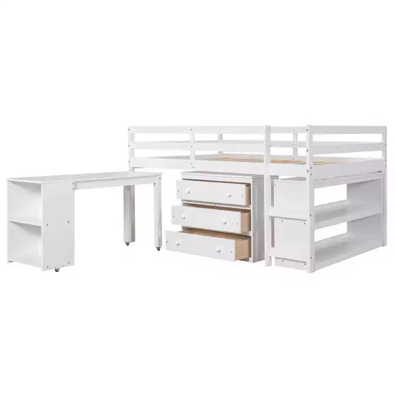 Lit mezzanine bas 2 places avec bureau coulissant, 3 tiroirs et étagères