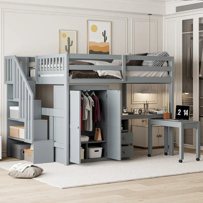 Lit mezzanine deux places avec escalier, bibliothèque, bureau et armoire – meuble multifonction gain de place pour enfants et adolescents – blanc