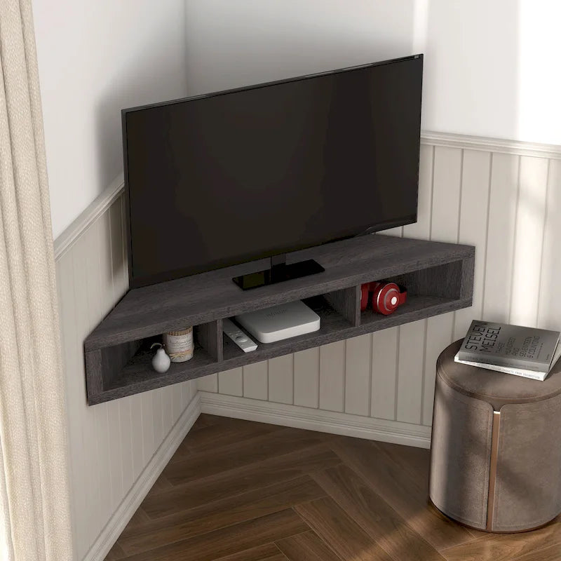 Meuble TV d’angle suspendu 47, 3 étagères, style transitionnel, fixation murale peu encombrante