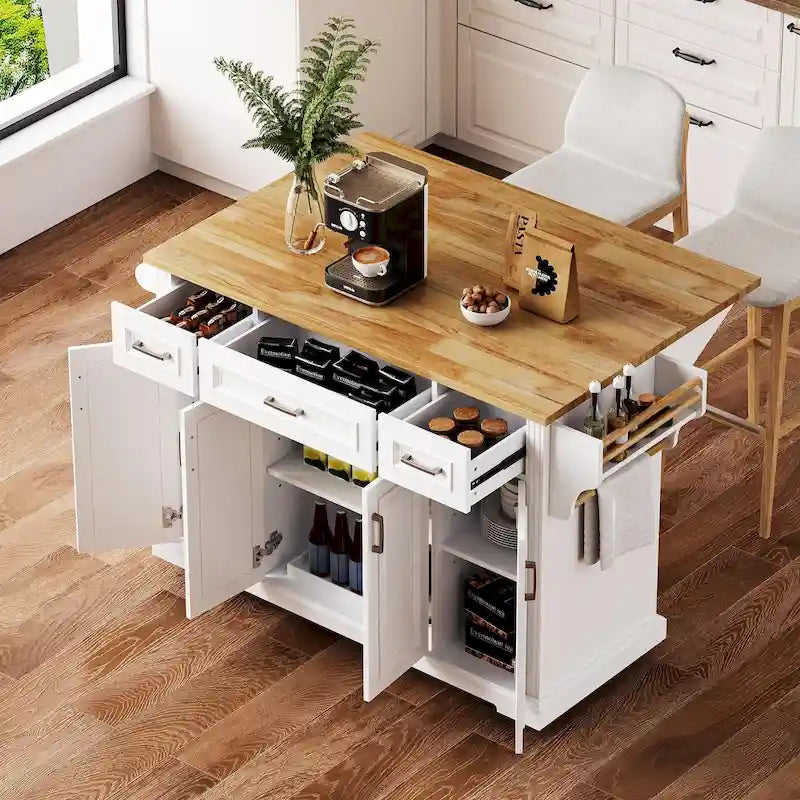 Grand îlot de cuisine avec rallonge rabattable en bois, desserte de cuisine roulante à texture embossée avec portes et tiroirs de rangement, blanc