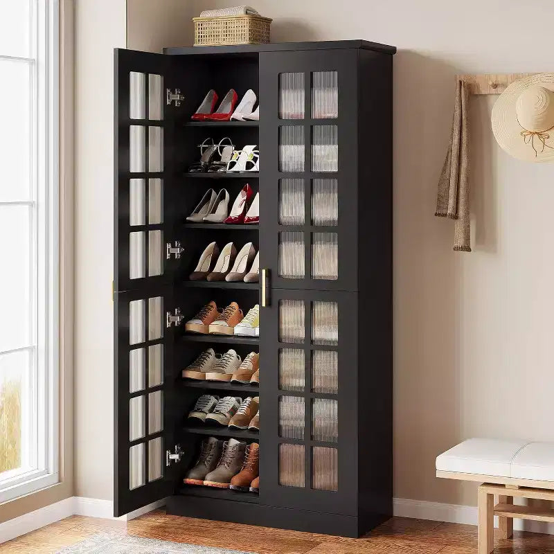 Lantine hoge schoenenkast met deuren, schoenenopbergruimte met 8 niveaus en verstelbare planken, moderne schoenenkast voor hal, garderobe of woonkamer, wit