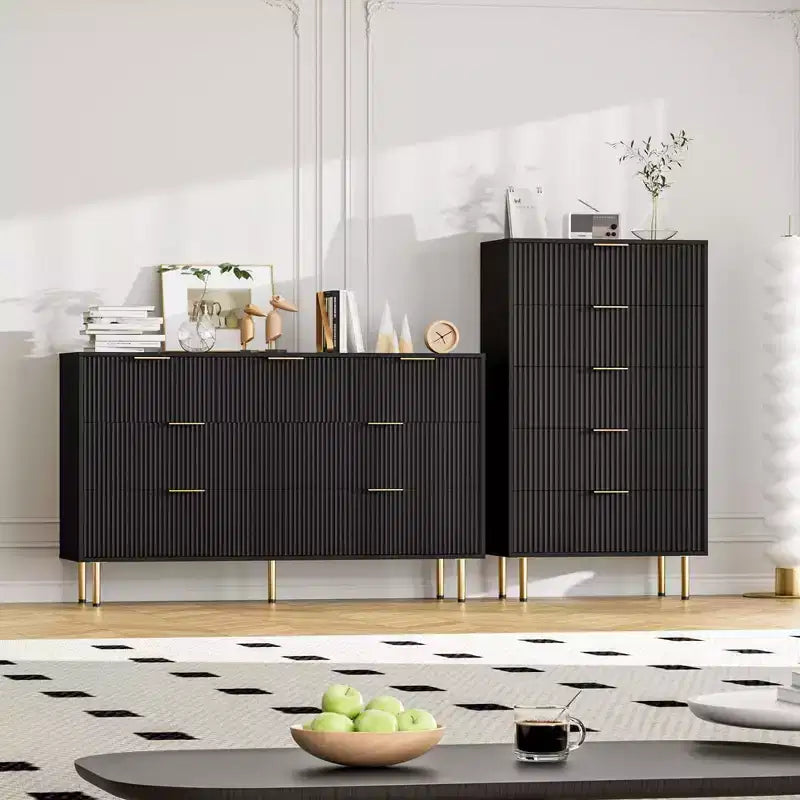 Commode blanche / marbre et bois à 5 tiroirs - panneau cannelé, pour 1 personne