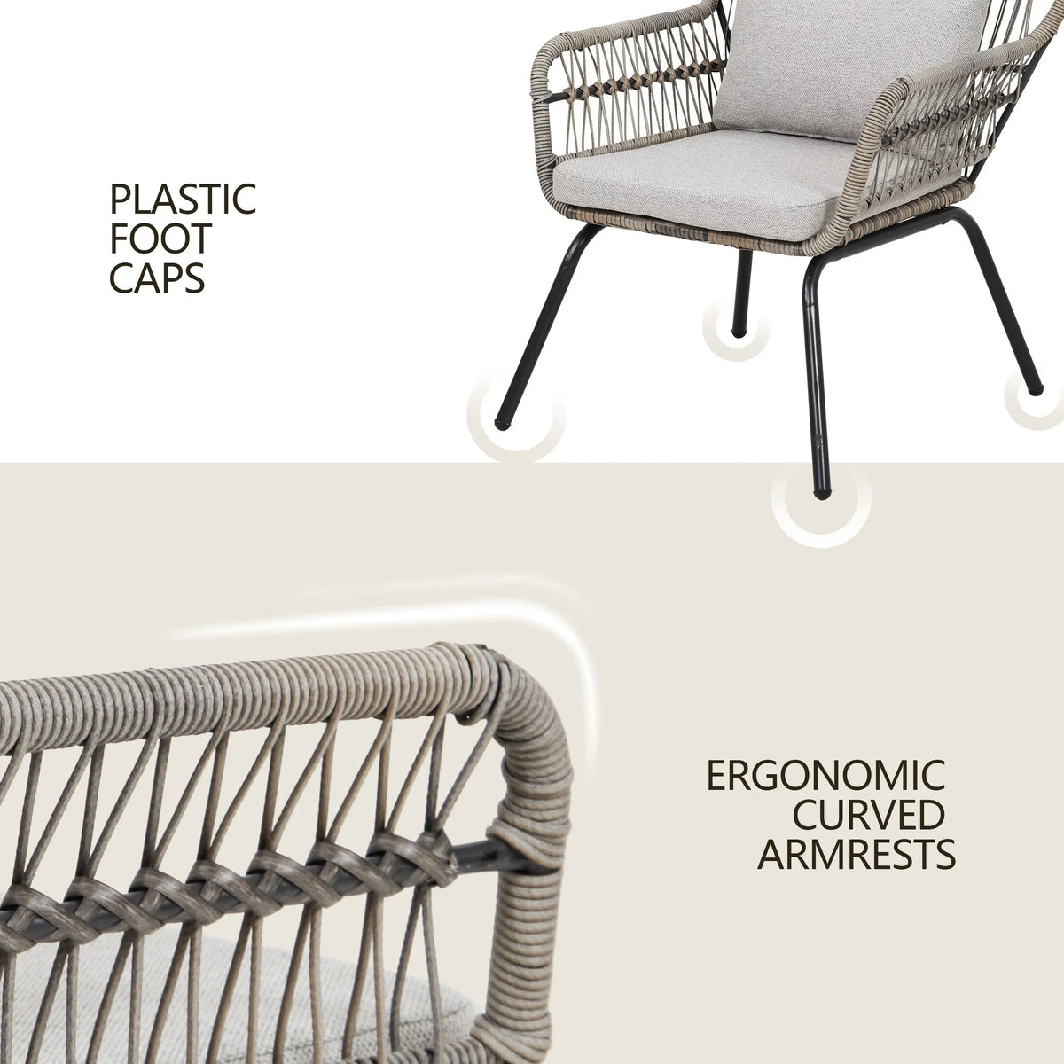 Ensemble bistro de conversation extérieur en osier de 3 pièces, mobilier de patio en rotin toutes saisons avec coussins