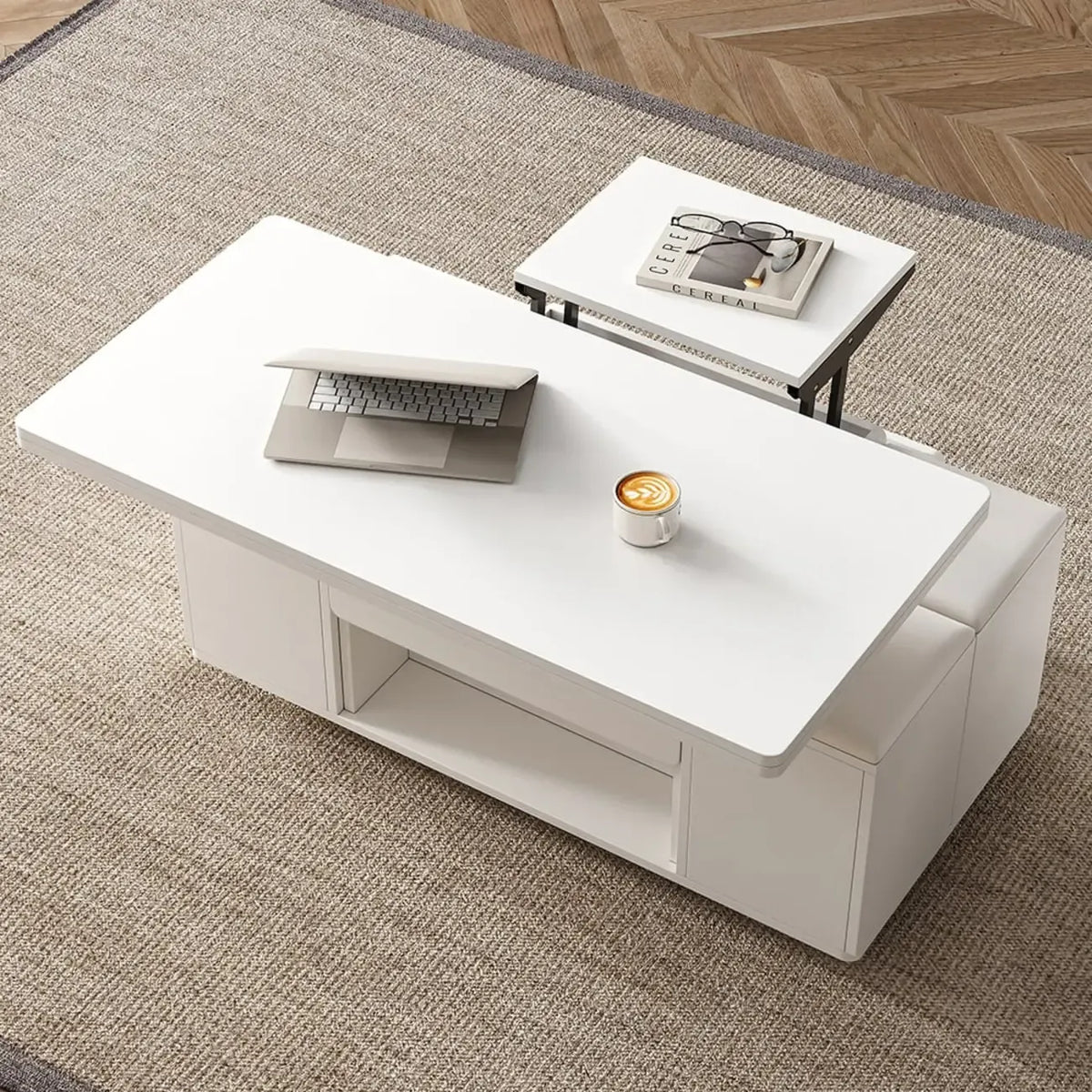 Table basse pliable à plateau relevable avec 4 tabourets et espace de rangement