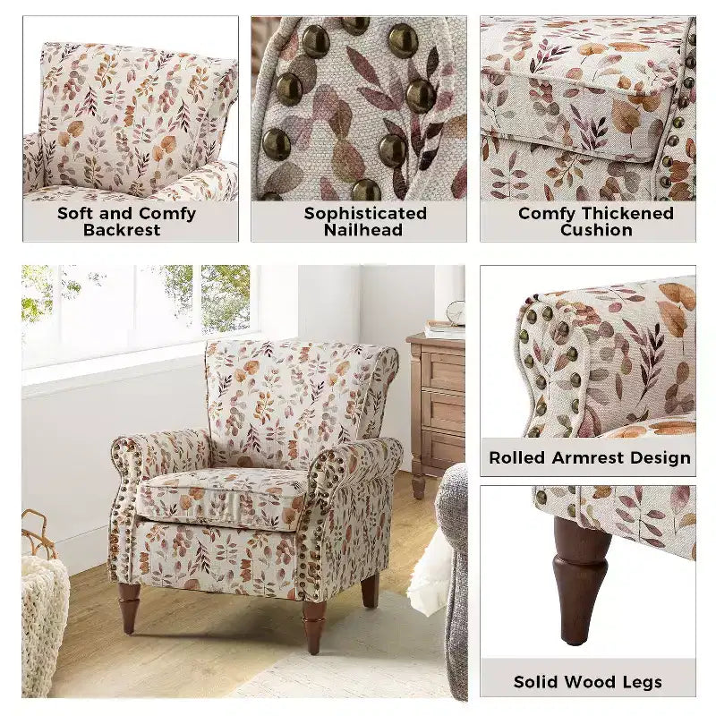 Sillón floral tradicional Araceli con estructura de madera, tapizado, respaldo alto con alas y acabado de tachuelas| ART OF LIVING DESIGNS