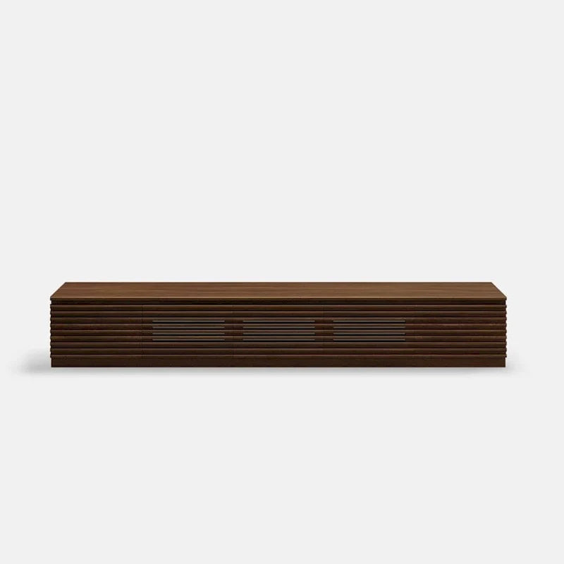 Minimalistische tv-meubel met laden, mediaconsole van massief hout met kasten, neerklapbare deur, walnootfineer, volledig gemonteerd