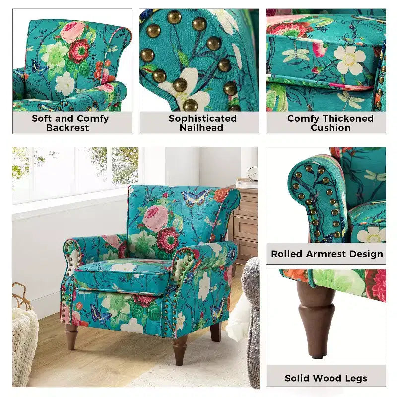 Sillón floral tradicional Araceli con estructura de madera, tapizado, respaldo alto con alas y acabado de tachuelas| ART OF LIVING DESIGNS