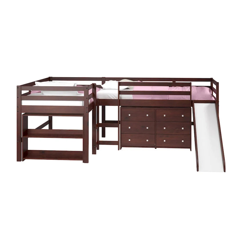 L-förmiges Doppel-Twin-Hochbett-Set mit Rutsche in dunklem Cappuccino