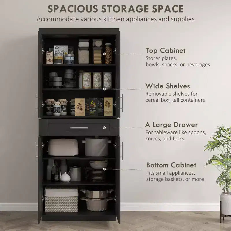 Meuble garde-manger de cuisine moderne autoportant avec portes et tiroir, étagères réglables