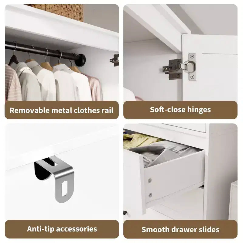 COZONY 3 çekmeceli ve 2 kapılı gardırop, yatak odası için modern ahşap giysi dolabı, dayanıklı beyaz ayaklı gardırop