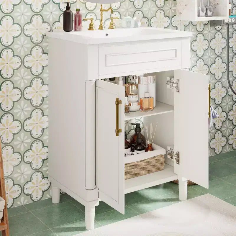Badkamermeubel van 24 inch met keramische wastafel, Shaker-kast, 2 softclose-deuren en massief houten frame voor een kleine badkamer of toiletruimte