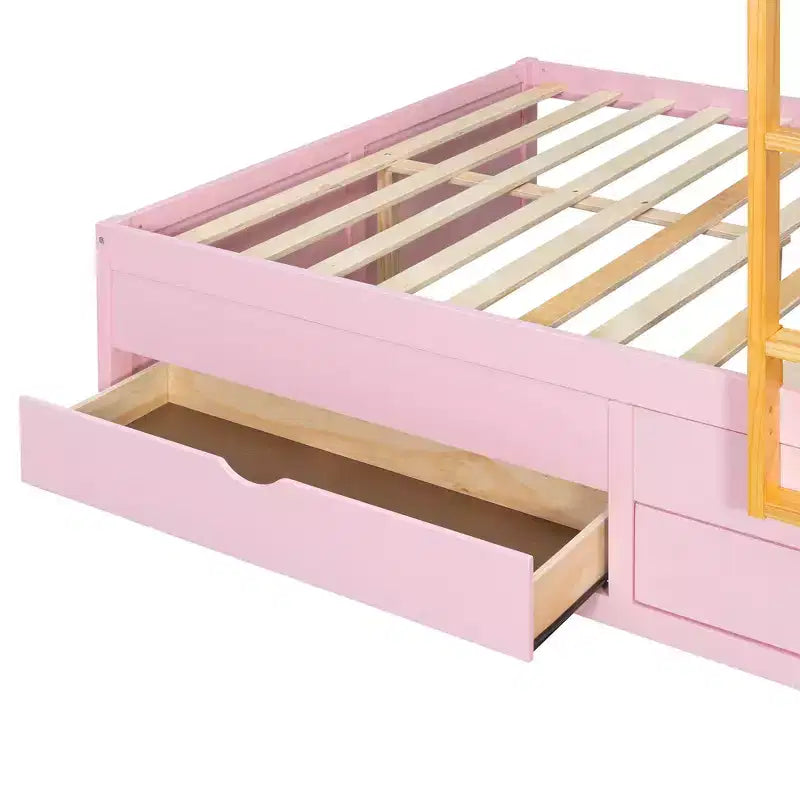 Stapelbed met twee volledige bedden, opbergkast en laden, houten ruimtebesparend stapelbed van volledig formaat met veiligheidshekje voor appartement of slaapkamer