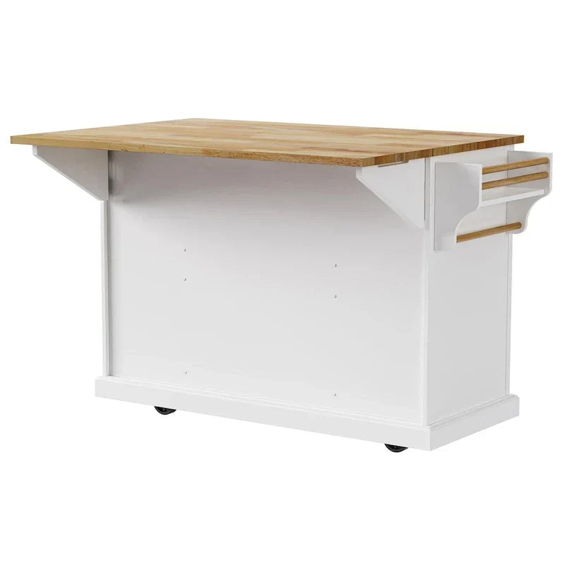 Grand îlot de cuisine avec rallonge rabattable en bois, desserte de cuisine roulante à texture embossée avec portes et tiroirs de rangement, blanc