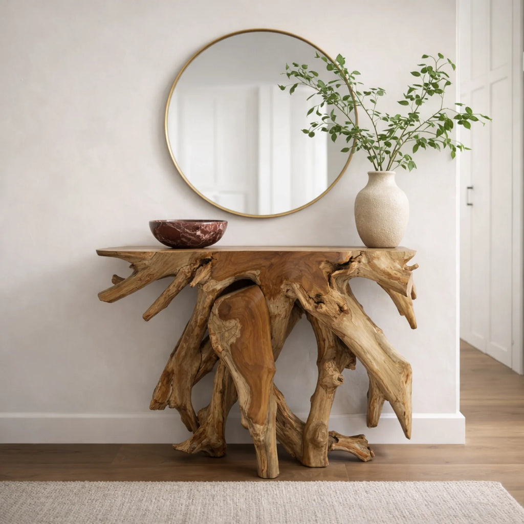 Table console en teck naturel biologique avec élément sculptural — entrée