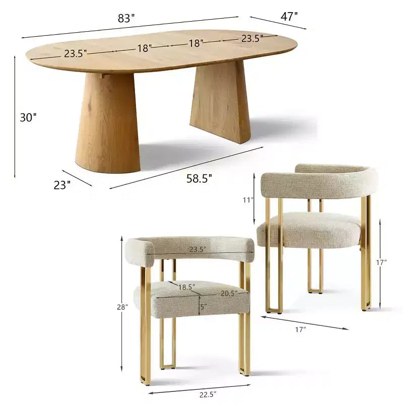 Uitbreidbare ronde tot ovale eettafelset met 4 fluwelen fauteuils, modern voetstukontwerp, geschikt voor maximaal 8 personen-Panipeachy