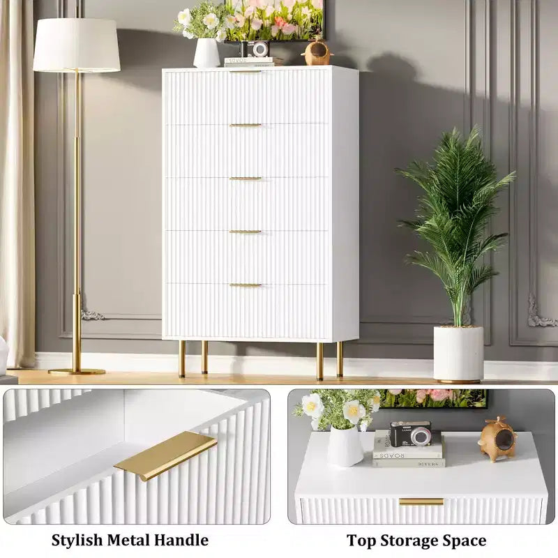 Commode blanche / marbre et bois à 5 tiroirs - panneau cannelé, pour 1 personne