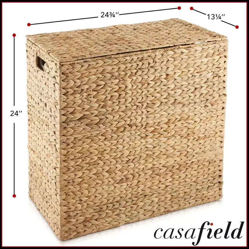Casafield Wäschekorb mit Deckel und herausnehmbaren Futterbeuteln mit 2 Fächern, geflochtener Wäschekorb aus Wasserhyazinthe zum Sortieren von Kleidung