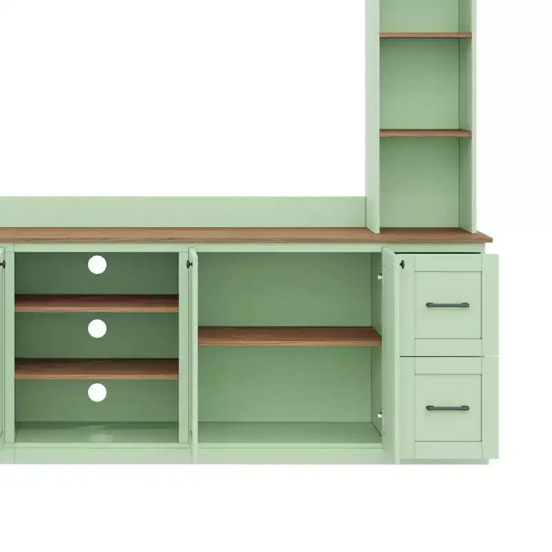 ModernLuxe 4-in-1-Farmhouse-Entertainment-Center als Wandeinheit, passend für Fernseher bis 70, TV-Ständer und Medienkonsole mit verstellbaren Regalen und Schubladen