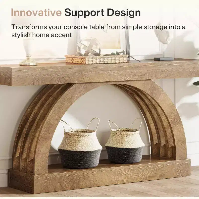Console d'entrée Lantine de 160 cm, table de canapé à 2 niveaux derrière le canapé, console étroite de style campagne à arche unique pour couloir, salon, vestibule, naturel