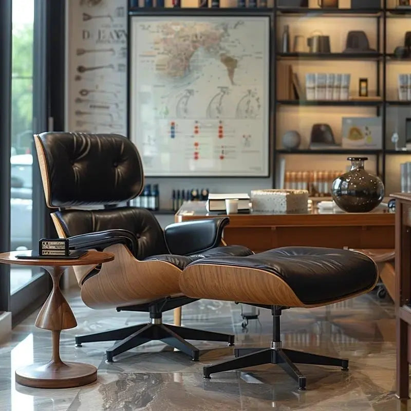 Fauteuil lounge d’appoint Furgle en cuir véritable avec pouf, bois de noyer
