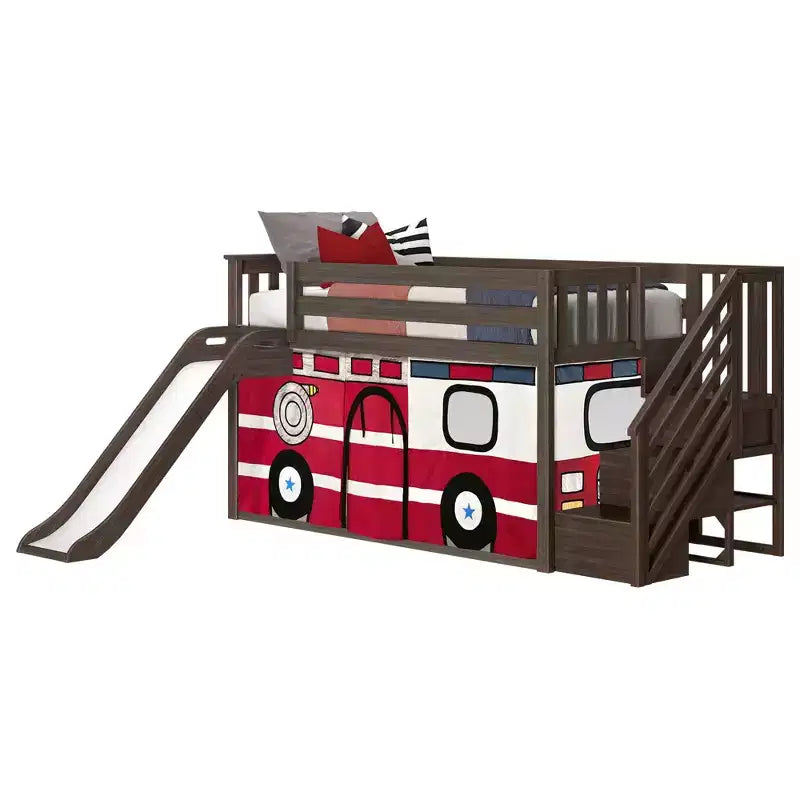 Lit superposé bas simple avec escalier, toboggan facile à utiliser et rideau de camion de pompiers