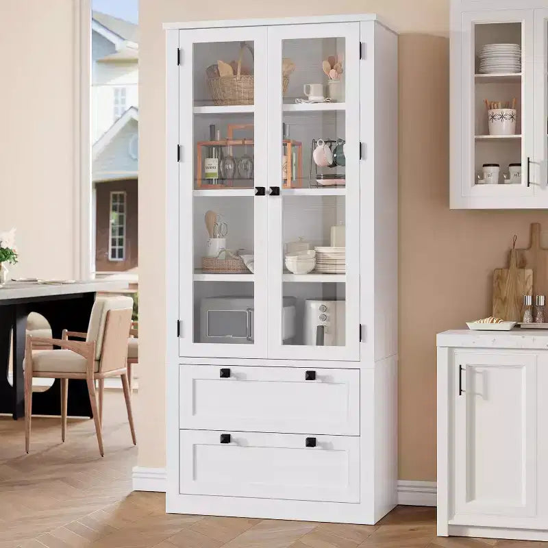 Armoire de rangement de cuisine style champêtre avec portes vitrées, meuble de rangement de 72 pouces avec tiroirs et étagères réglables pour la salle à manger, la salle de bains ou le salon