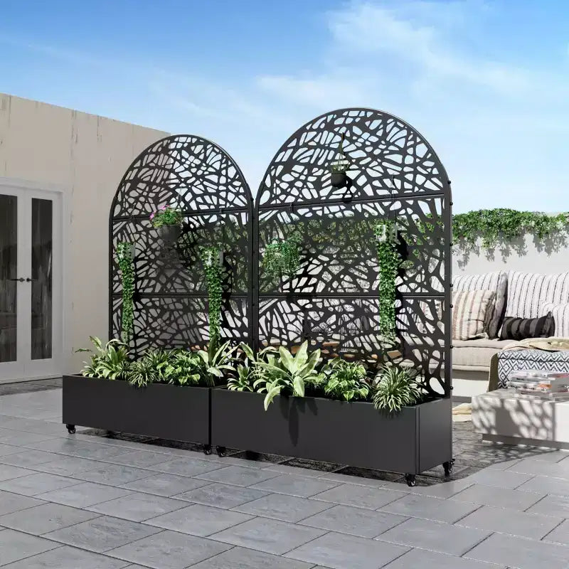 MAYEERTY 72x47 schwarzer gewölbter Pflanzkasten aus Eisen mit Rankgitter, 3-teiliges Set, dekorativer Sichtschutz für Garten, Terrasse und Balkon