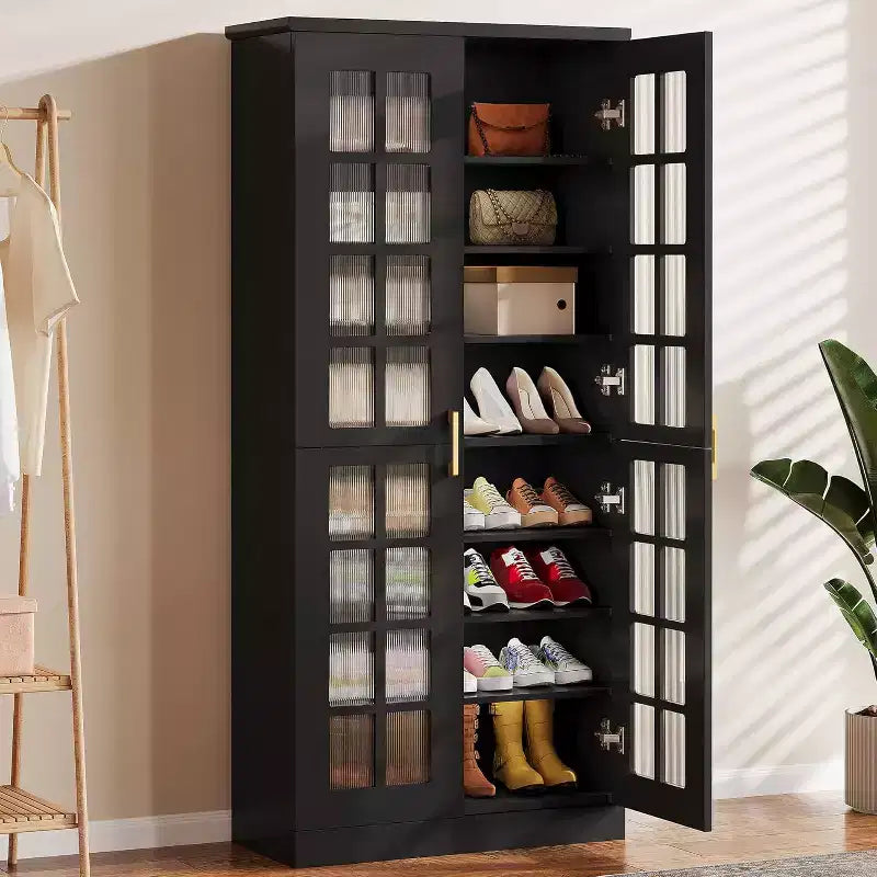 Lantine hoge schoenenkast met deuren, schoenenopbergruimte met 8 niveaus en verstelbare planken, moderne schoenenkast voor hal, garderobe of woonkamer, wit
