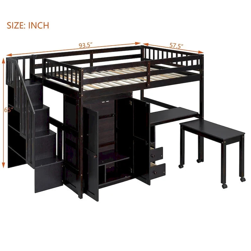 Lit mezzanine deux places avec escalier, bibliothèque, bureau et armoire – meuble multifonction gain de place pour enfants et adolescents – blanc