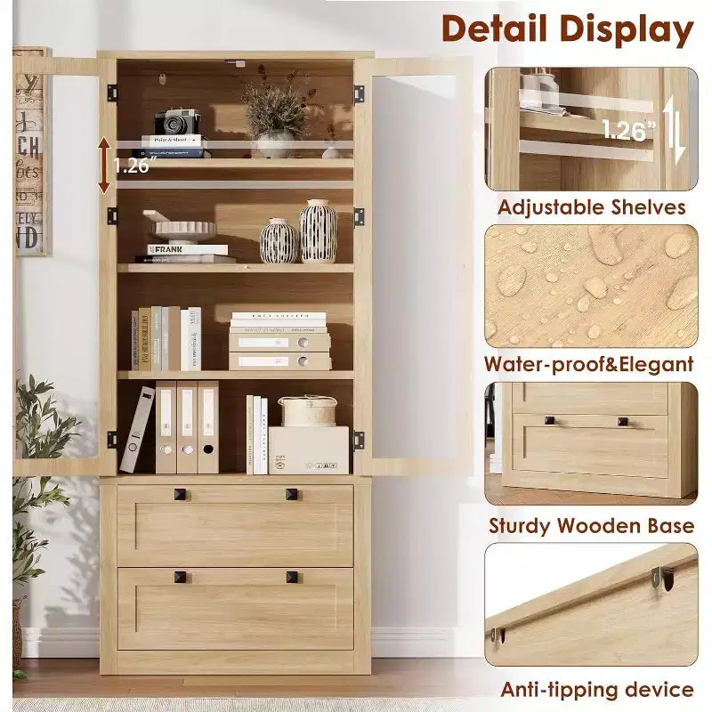 Armoire de rangement de cuisine style champêtre avec portes vitrées, meuble de rangement de 72 pouces avec tiroirs et étagères réglables pour la salle à manger, la salle de bains ou le salon