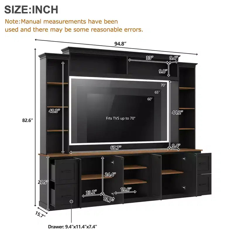 ModernLuxe 4-in-1-Farmhouse-Entertainment-Center als Wandeinheit, passend für Fernseher bis 70, TV-Ständer und Medienkonsole mit verstellbaren Regalen und Schubladen