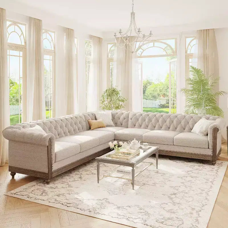 Grote retro-hoekbank Mirod met houten poten, comfortabel modulair ontwerp voor de woonkamer, lounge en gezinsruimtes