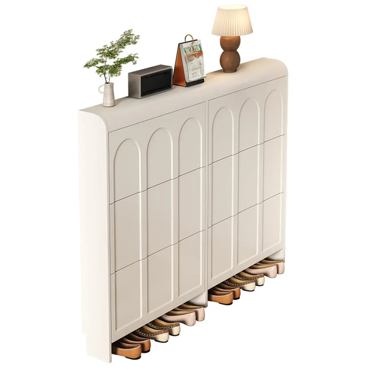 Meuble à chaussures blanc en bois, étroit, à 3 niveaux avec portes basculantes