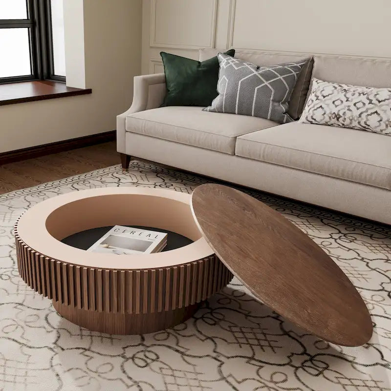 Table basse ronde moderne en bois massif plaqué avec rangement